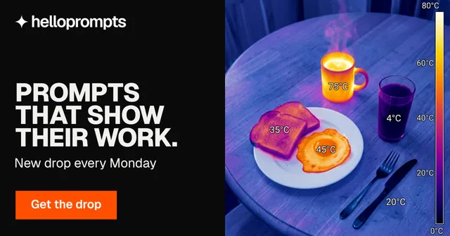 Social ad for HelloPrompts: "Prompts that show their work." Brutalist style, bottom layout, dark palette in black, blue, grey.