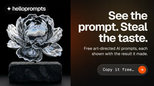 Landscape graphic for HelloPrompts: "See the prompt. Steal the taste." Agentic glass style, right layout, dark palette in black, orange, grey.
