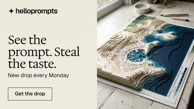 Landscape graphic for HelloPrompts: "See the prompt. Steal the taste." Editorial style, bottom layout, light palette in orange, grey, yellow.