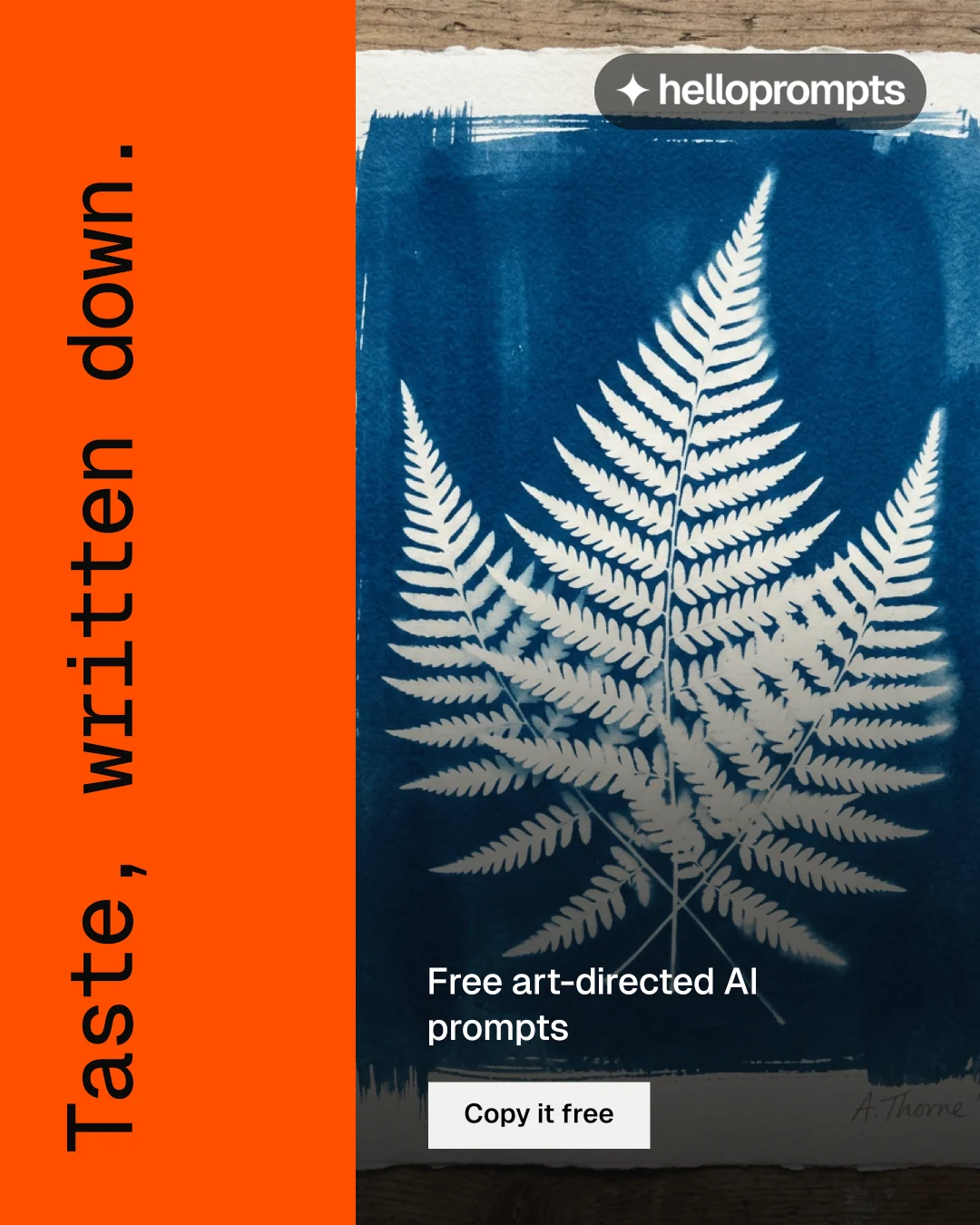 Instagram portrait post for HelloPrompts: "Taste, written down." Swiss style, vertical layout, dark palette in orange, blue, grey.