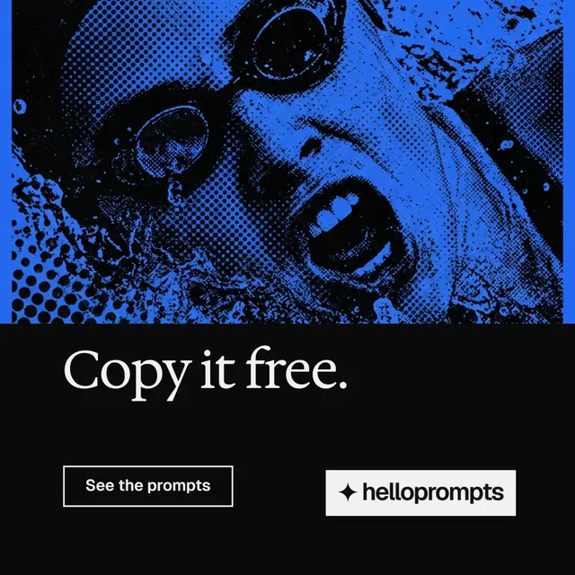 Instagram post for HelloPrompts: "Copy it free." Editorial style, bottom layout, dark palette in black, blue.