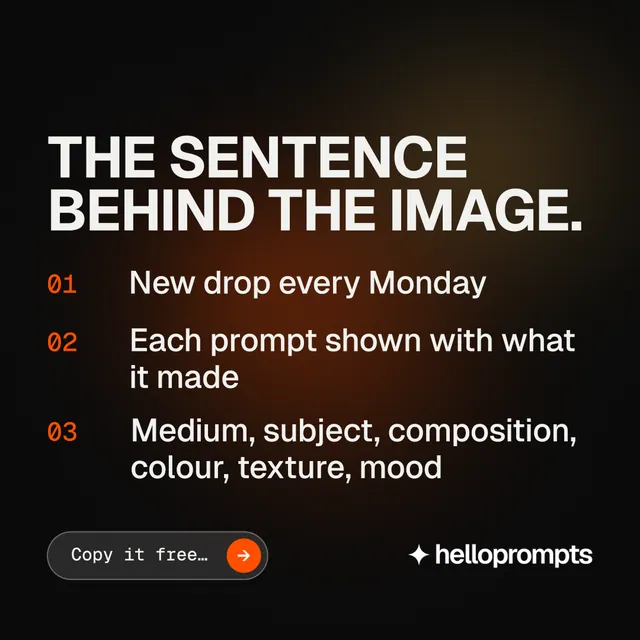 Instagram post for HelloPrompts: "The sentence behind the image." Agentic glass style, numbered layout, dark palette in black, grey.