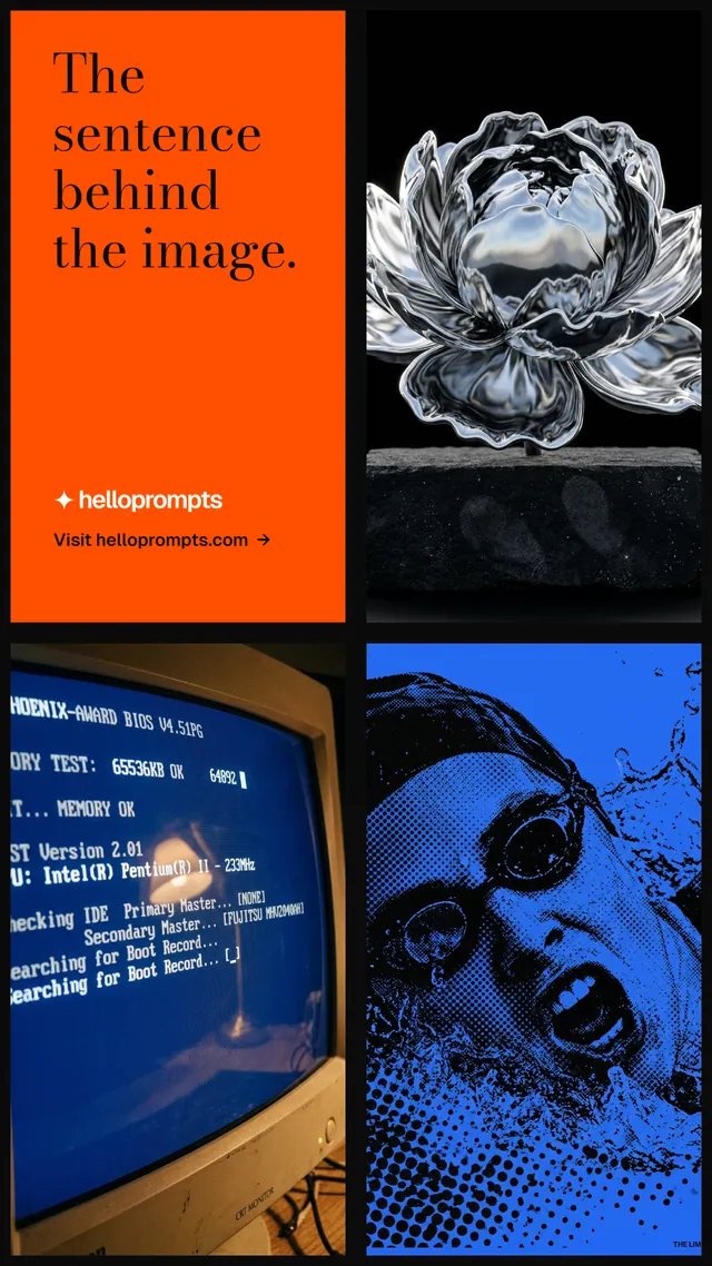 Instagram story for HelloPrompts: "The sentence behind the image." Minimal luxury style, collage layout, dark palette in black, orange, blue.