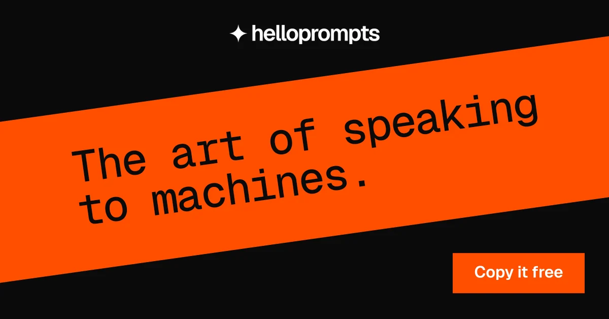 Social ad for HelloPrompts: "The art of speaking to machines." Split block style, diagonal layout, dark palette in orange, black.