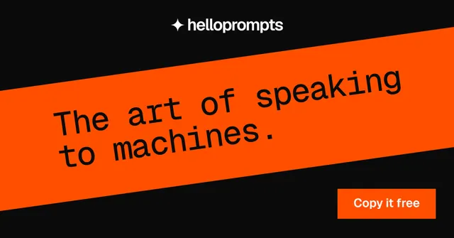Social ad for HelloPrompts: "The art of speaking to machines." Split block style, diagonal layout, dark palette in orange, black.