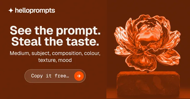 Social ad for HelloPrompts: "See the prompt. Steal the taste." Agentic glass style, skeleton layout, dark palette in orange.