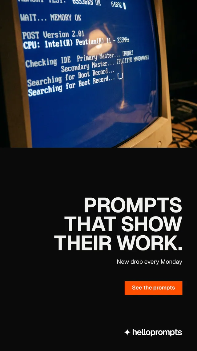 Instagram story for HelloPrompts: "Prompts that show their work." Split block style, right layout, dark palette in black, blue, grey.