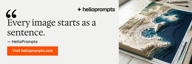 X header for HelloPrompts: "Every image starts as a sentence." Swiss style, quote layout, light palette in white, grey.