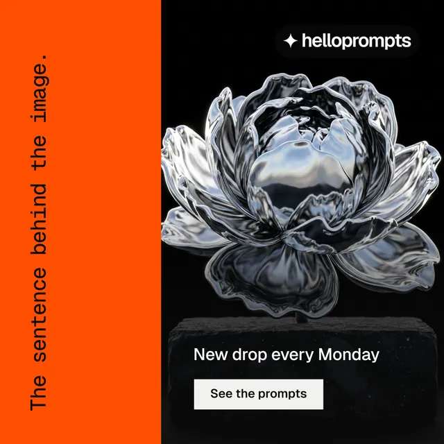 Instagram post for HelloPrompts: "The sentence behind the image." Split block style, vertical layout, dark palette in orange, black, grey.