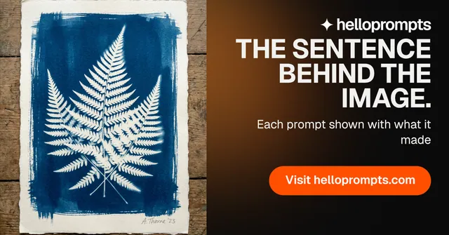 Social ad for HelloPrompts: "The sentence behind the image." Y2K style, right layout, dark palette in black, grey, orange.