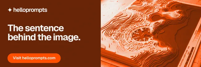 X header for HelloPrompts: "The sentence behind the image." Y2K style, bottom layout, dark palette in orange.