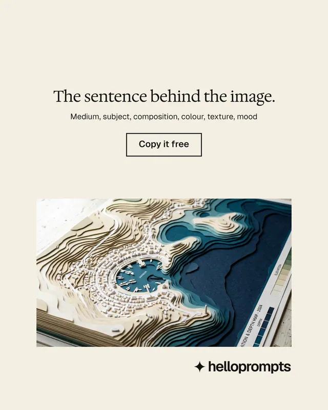 Instagram portrait post for HelloPrompts: "The sentence behind the image." Editorial style, centred layout, light palette in white, grey, yellow.