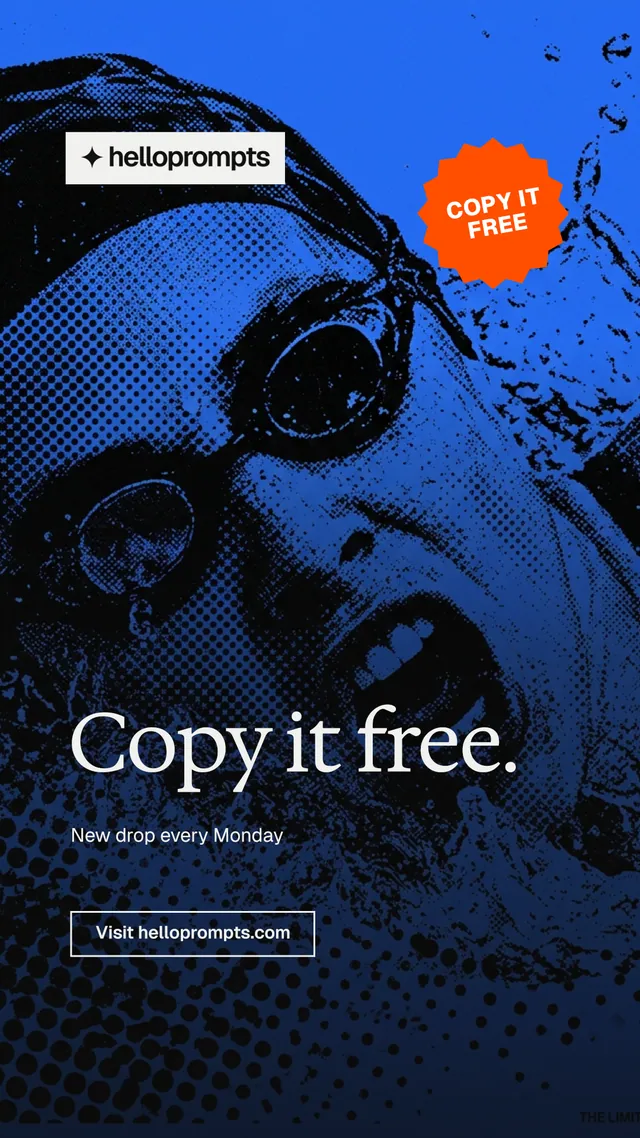 Instagram story for HelloPrompts: "Copy it free." Editorial style, sticker layout, dark palette in blue, black.