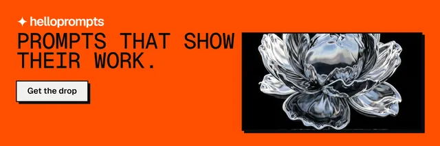 X header for HelloPrompts: "Prompts that show their work." Brutalist style, skeleton layout, dark palette in orange, black.