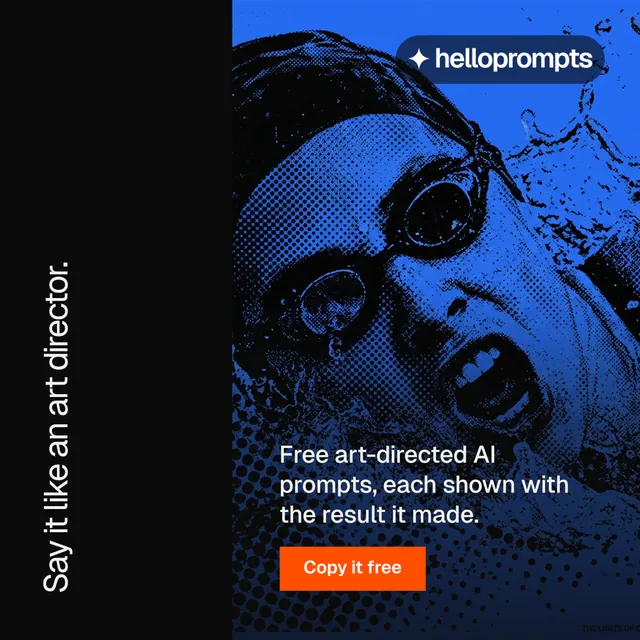 Instagram post for HelloPrompts: "Say it like an art director." Swiss style, vertical layout, dark palette in black, blue.