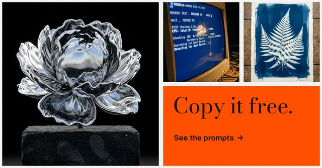Social ad for HelloPrompts: "Copy it free." Minimal luxury style, collage layout, dark palette in black, brown, grey.
