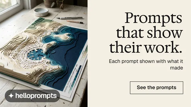 Landscape graphic for HelloPrompts: "Prompts that show their work." Editorial style, right layout, light palette in white, grey, yellow.