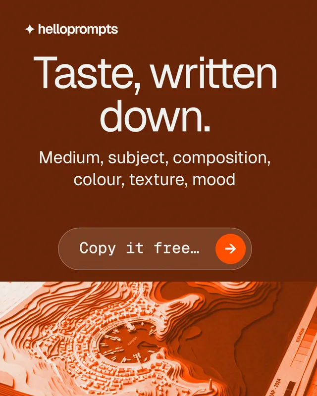 Instagram portrait post for HelloPrompts: "Taste, written down." Agentic glass style, skeleton layout, dark palette in orange.