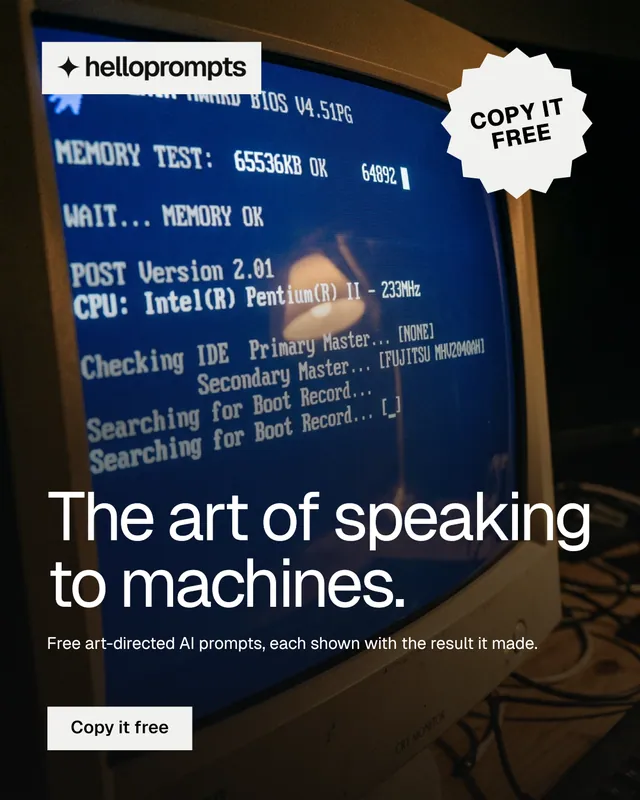 Instagram portrait post for HelloPrompts: "The art of speaking to machines." Split block style, sticker layout, dark palette in black, blue, grey.
