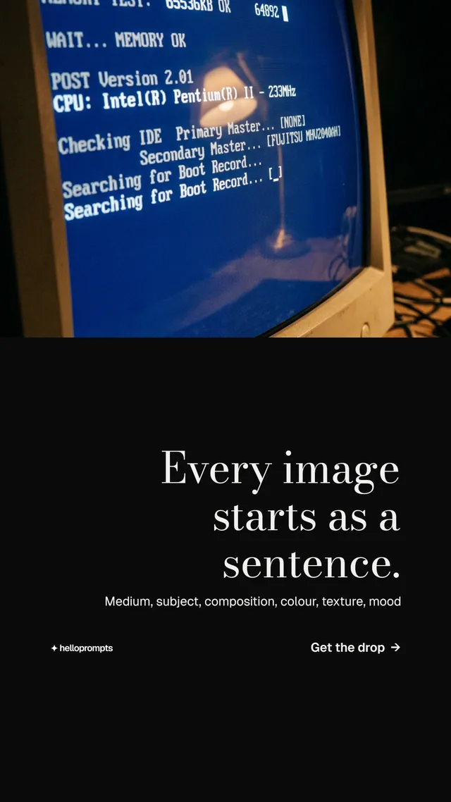 Instagram story for HelloPrompts: "Every image starts as a sentence." Minimal luxury style, right layout, dark palette in black, blue, grey.