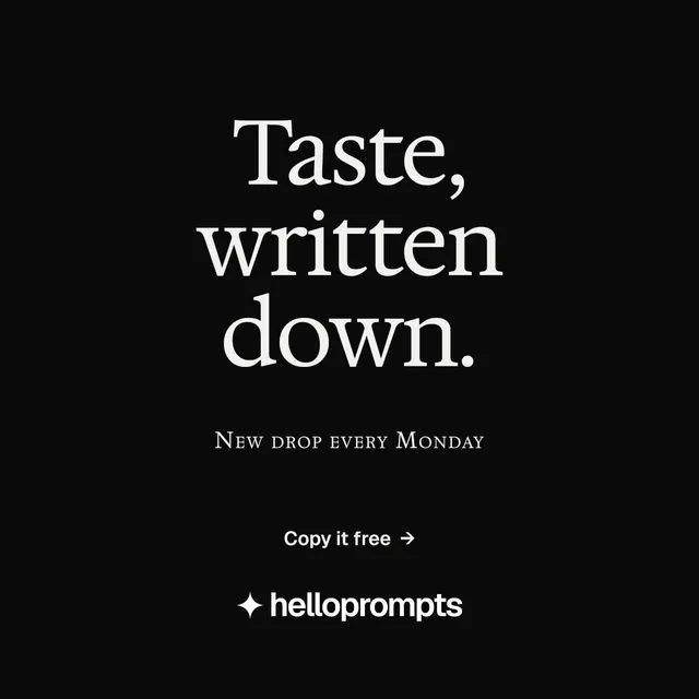 Instagram post for HelloPrompts: "Taste, written down." Editorial style, smallcaps layout, dark palette in black, grey.