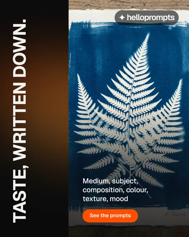 Instagram portrait post for HelloPrompts: "Taste, written down." Y2K style, vertical layout, dark palette in black, blue, grey.