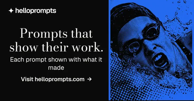 Social ad for HelloPrompts: "Prompts that show their work." Minimal luxury style, skeleton layout, dark palette in black, blue.