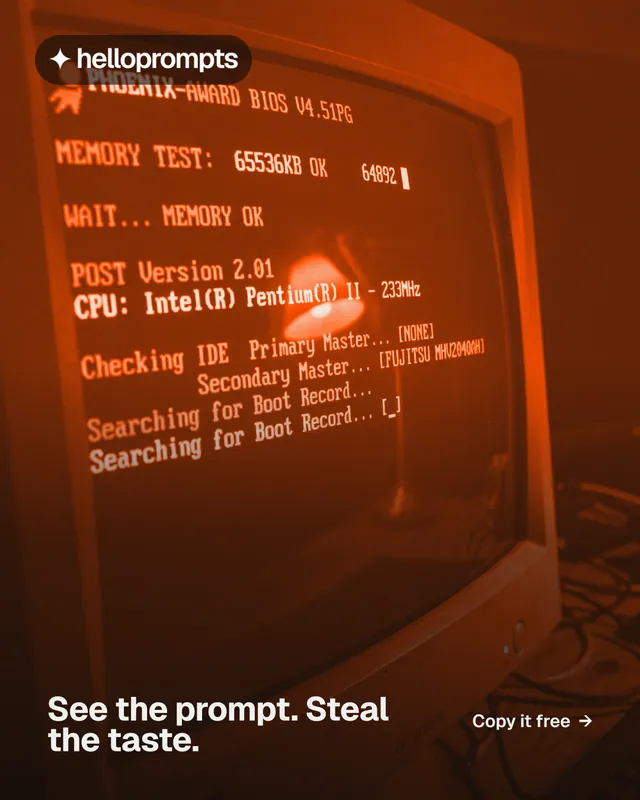 Instagram portrait post for HelloPrompts: "See the prompt. Steal the taste." Swiss style, image led layout, dark palette in black, orange, brown.