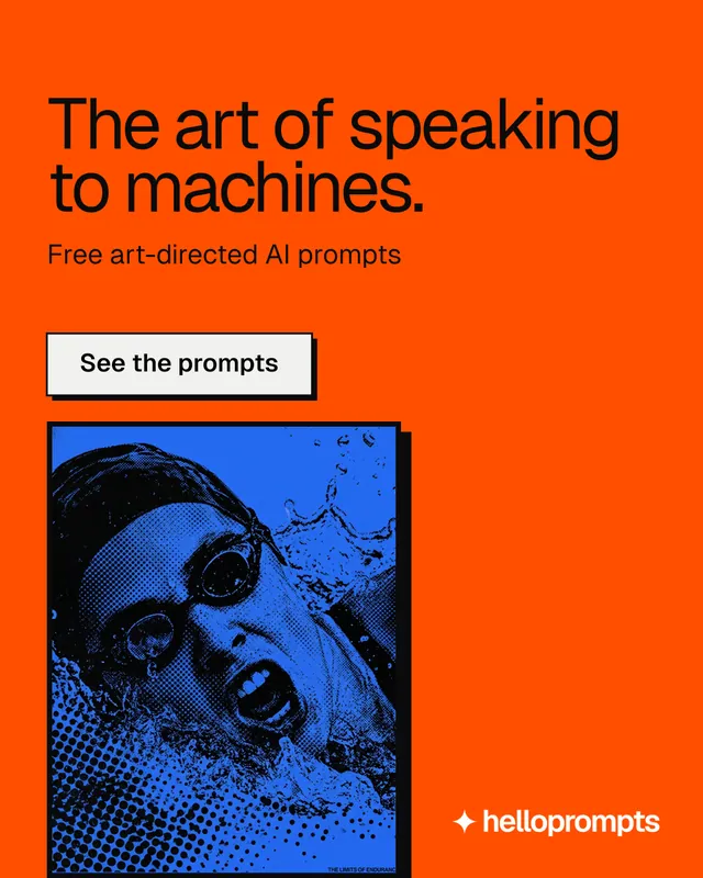 Instagram portrait post for HelloPrompts: "The art of speaking to machines." Brutalist style, skeleton layout, dark palette in orange, red, grey.