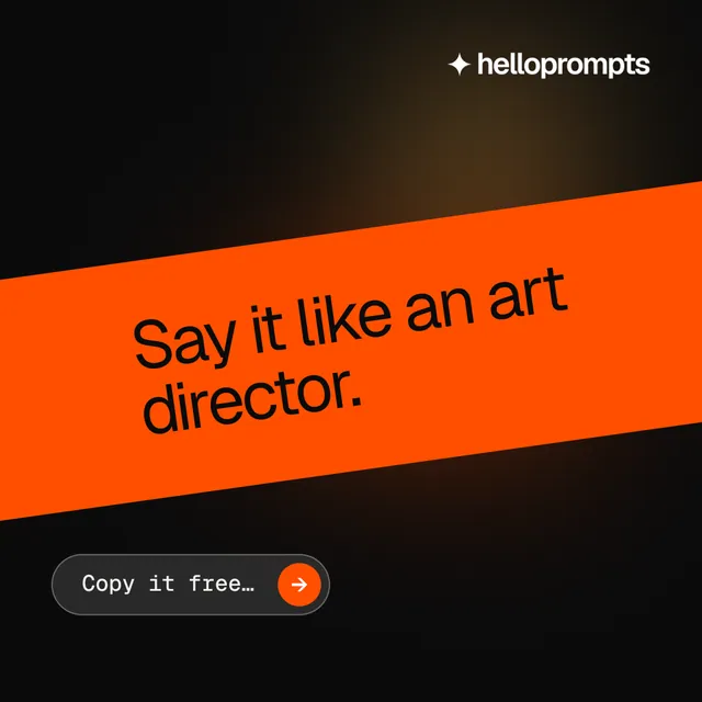 Instagram post for HelloPrompts: "Say it like an art director." Agentic glass style, diagonal layout, dark palette in orange, black.