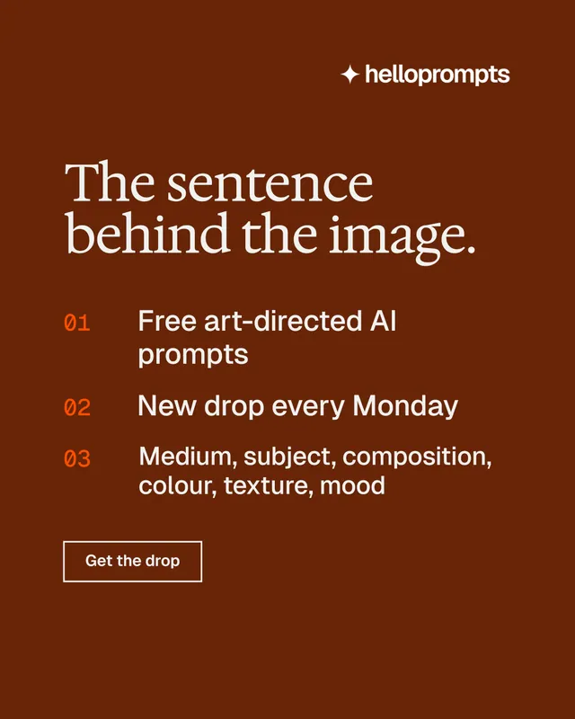 Instagram portrait post for HelloPrompts: "The sentence behind the image." Editorial style, numbered layout, dark palette in orange, brown.