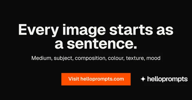 Social ad for HelloPrompts: "Every image starts as a sentence." Split block style, centred layout, dark palette in black, grey, orange.
