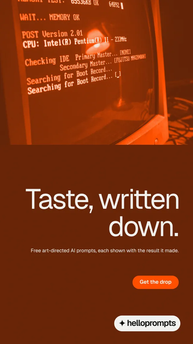 Instagram story for HelloPrompts: "Taste, written down." Y2K style, right layout, dark palette in orange, brown.