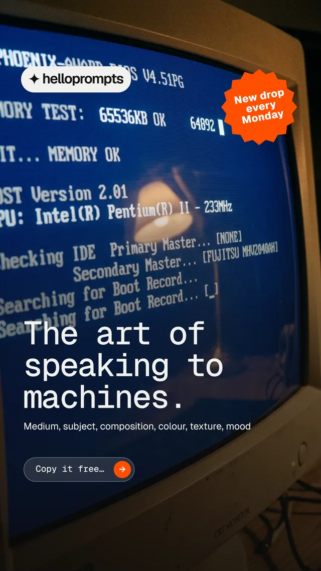 Instagram story for HelloPrompts: "The art of speaking to machines." Agentic glass style, sticker layout, dark palette in black, blue, grey.