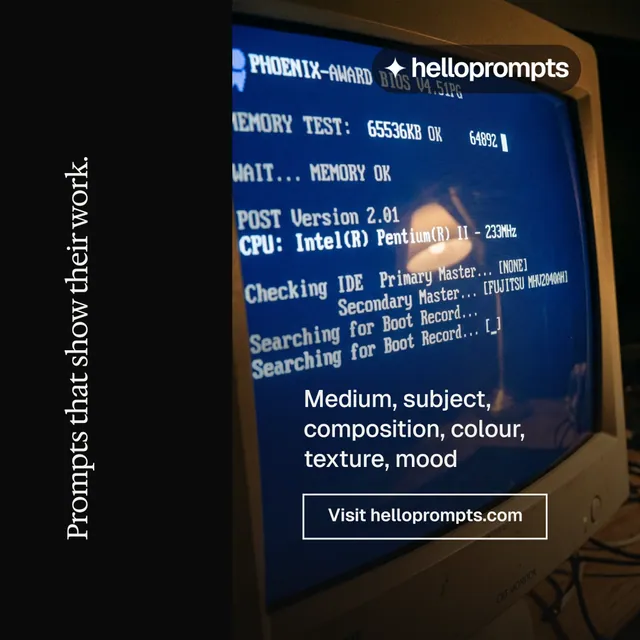 Instagram post for HelloPrompts: "Prompts that show their work." Editorial style, vertical layout, dark palette in black, blue, grey.