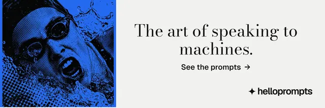 X header for HelloPrompts: "The art of speaking to machines." Minimal luxury style, skeleton layout, light palette in white, blue.