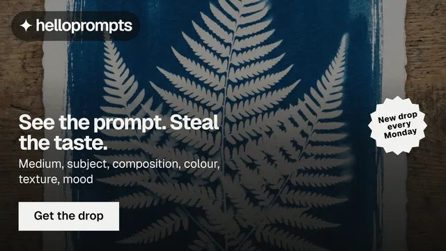 Landscape graphic for HelloPrompts: "See the prompt. Steal the taste." Split block style, sticker layout, dark palette in blue, black, grey.
