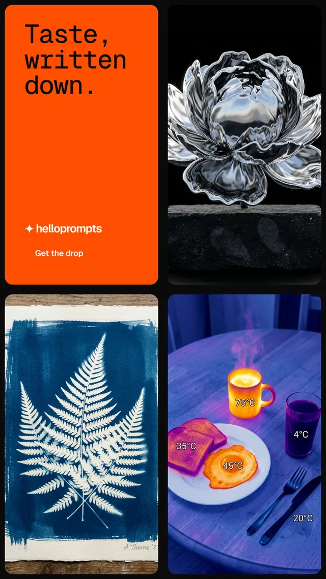 Instagram story for HelloPrompts: "Taste, written down." Y2K style, collage layout, dark palette in black, red, grey.