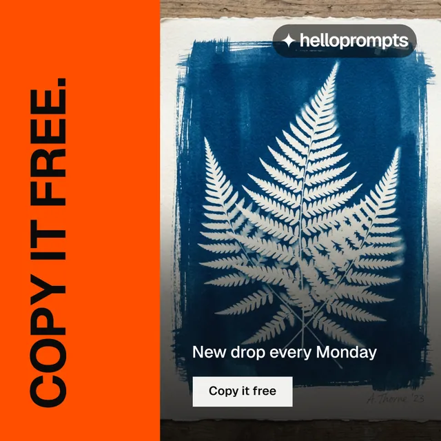 Instagram post for HelloPrompts: "Copy it free." Split block style, vertical layout, dark palette in orange, blue, grey.