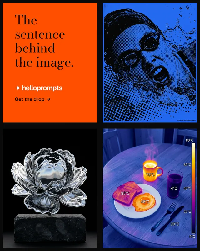 Instagram portrait post for HelloPrompts: "The sentence behind the image." Minimal luxury style, collage layout, dark palette in black, blue, red.