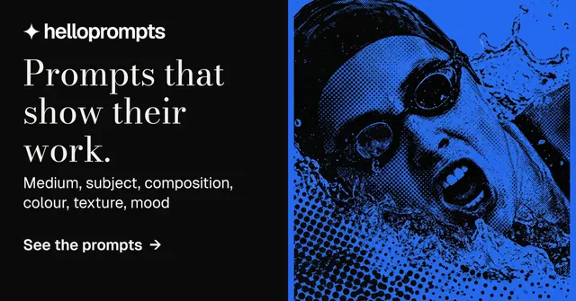 Social ad for HelloPrompts: "Prompts that show their work." Minimal luxury style, bottom layout, dark palette in black, blue.
