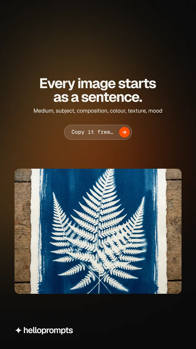 Instagram story for HelloPrompts: "Every image starts as a sentence." Agentic glass style, centred layout, dark palette in black, grey, orange.