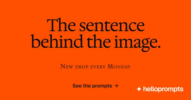 Social ad for HelloPrompts: "The sentence behind the image." Swiss style, smallcaps layout, dark palette in orange.