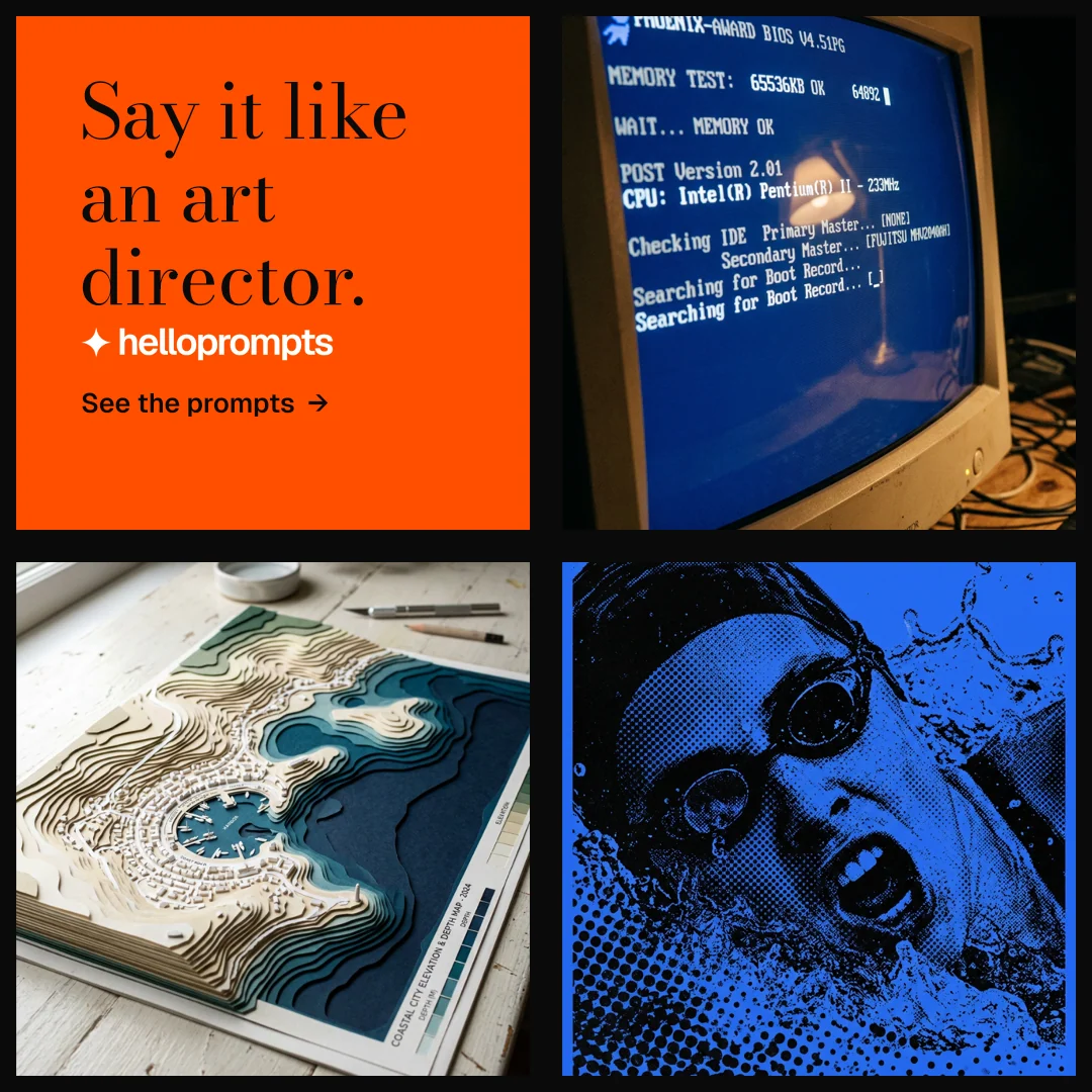Instagram post for HelloPrompts: "Say it like an art director." Minimal luxury style, collage layout, dark palette in blue, black, red.