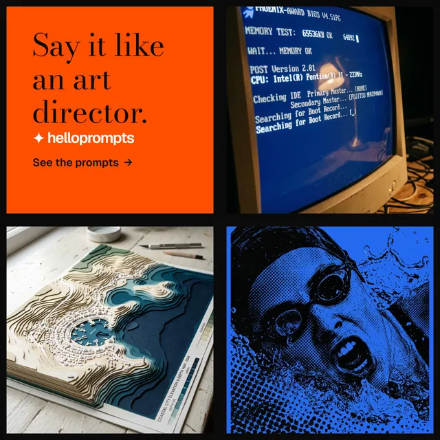 Instagram post for HelloPrompts: "Say it like an art director." Minimal luxury style, collage layout, dark palette in blue, black, red.