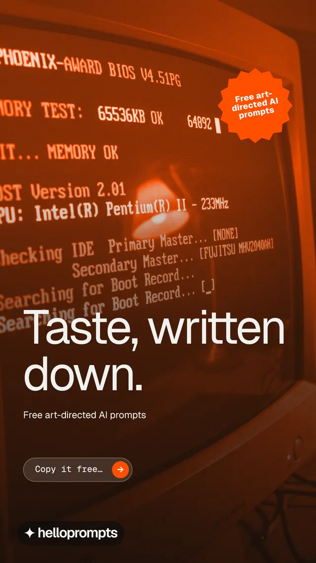 Instagram story for HelloPrompts: "Taste, written down." Agentic glass style, sticker layout, dark palette in black, orange, brown.