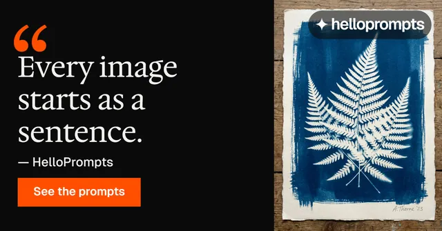 Social ad for HelloPrompts: "Prompts that show their work." Swiss style, quote layout, dark palette in black, grey.