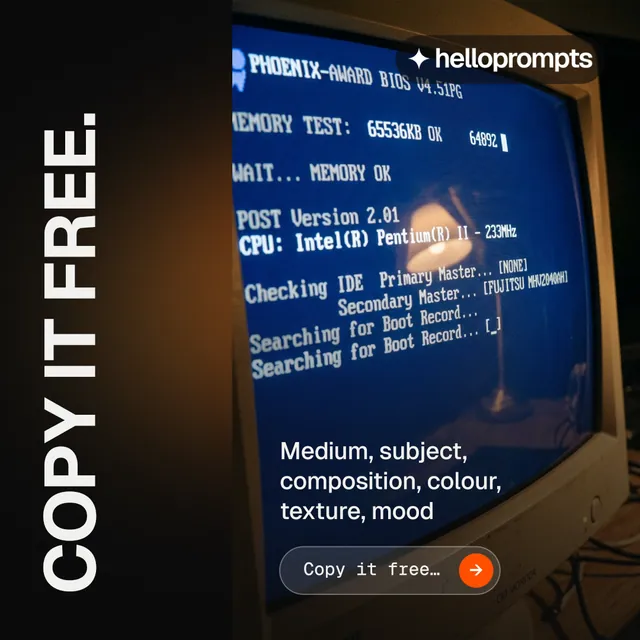 Instagram post for HelloPrompts: "Copy it free." Agentic glass style, vertical layout, dark palette in black, blue, grey.