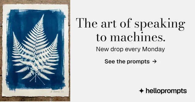 Social ad for HelloPrompts: "The art of speaking to machines." Minimal luxury style, skeleton layout, light palette in white, blue, grey.