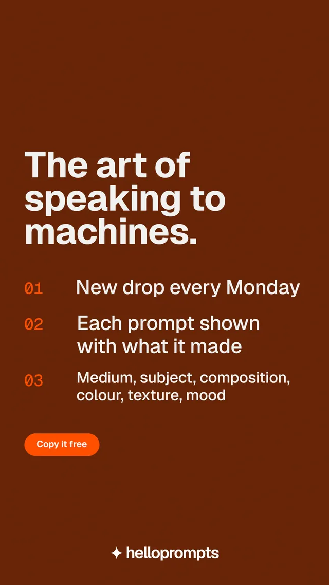 Instagram story for HelloPrompts: "The art of speaking to machines." Y2K style, numbered layout, dark palette in orange, brown.